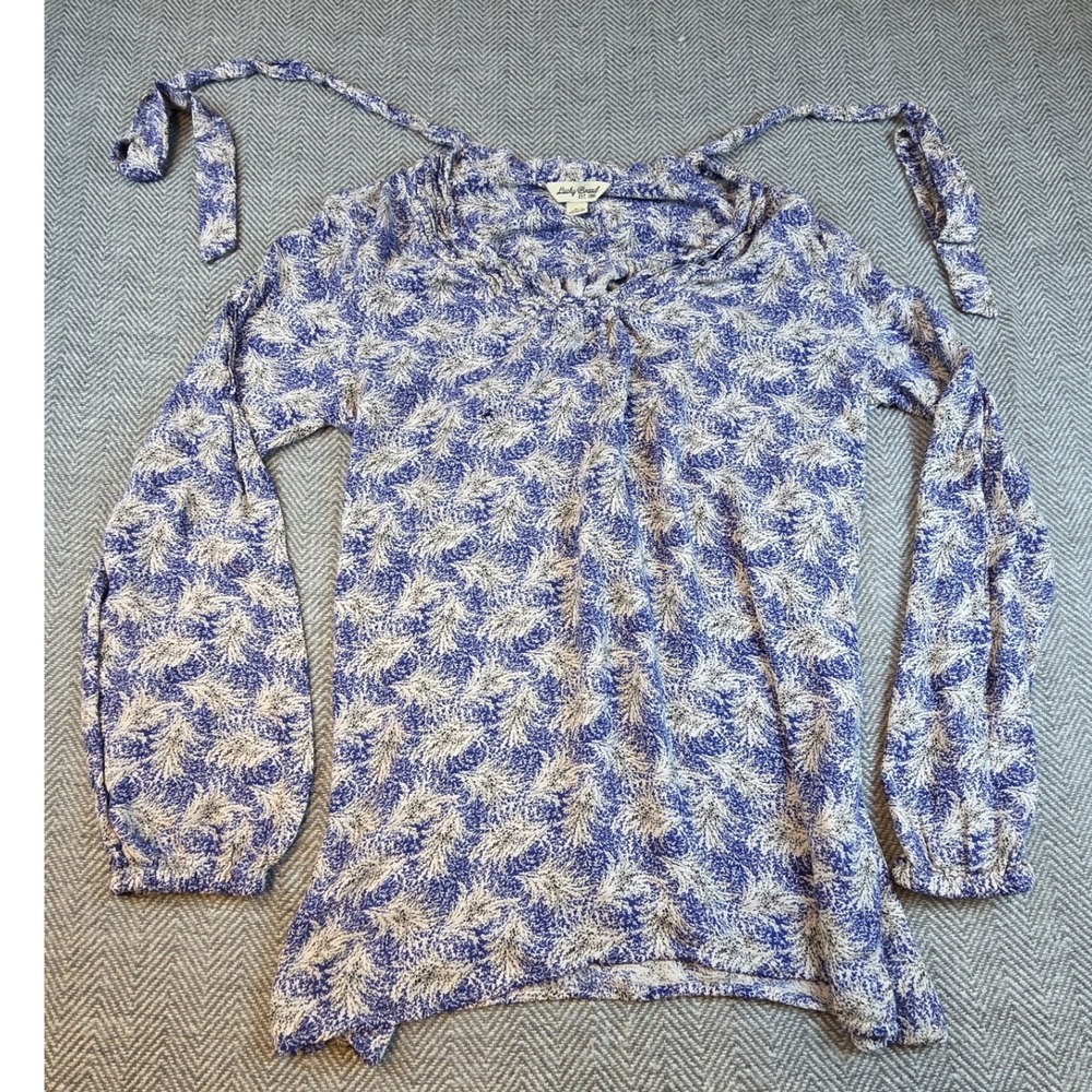 Lucky Brand Blue White Botanical Cold Shoulder Tie Blouse Small Long Sleeve